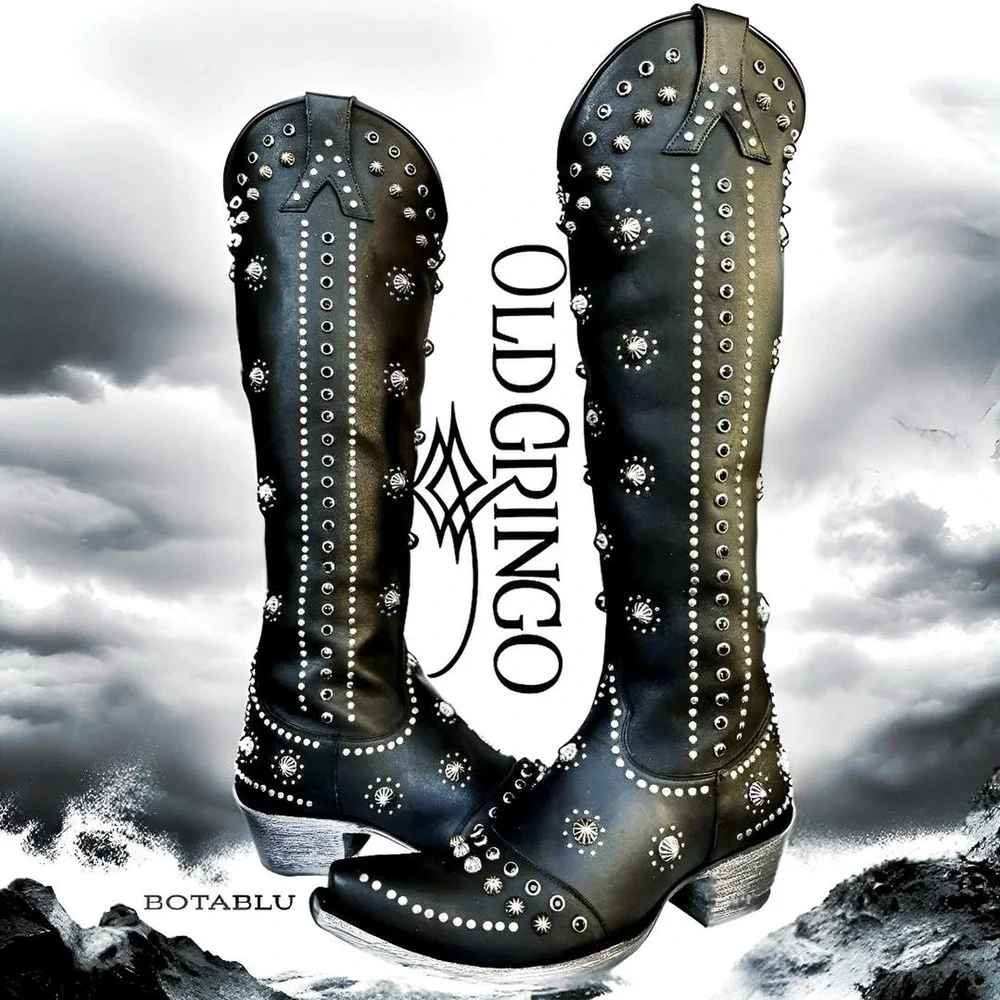 OLD GRINGO Kellie 18” L3095-1 Studded Knee High Cowboy Western Black Boots - Picture 3 of 7